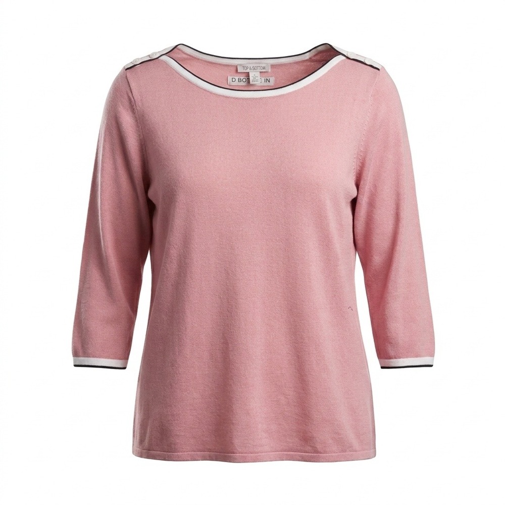 Roz & Ali Pink 3/4 Sleeve Knit Sweater Top Button Shoulder Trim Womens 3X